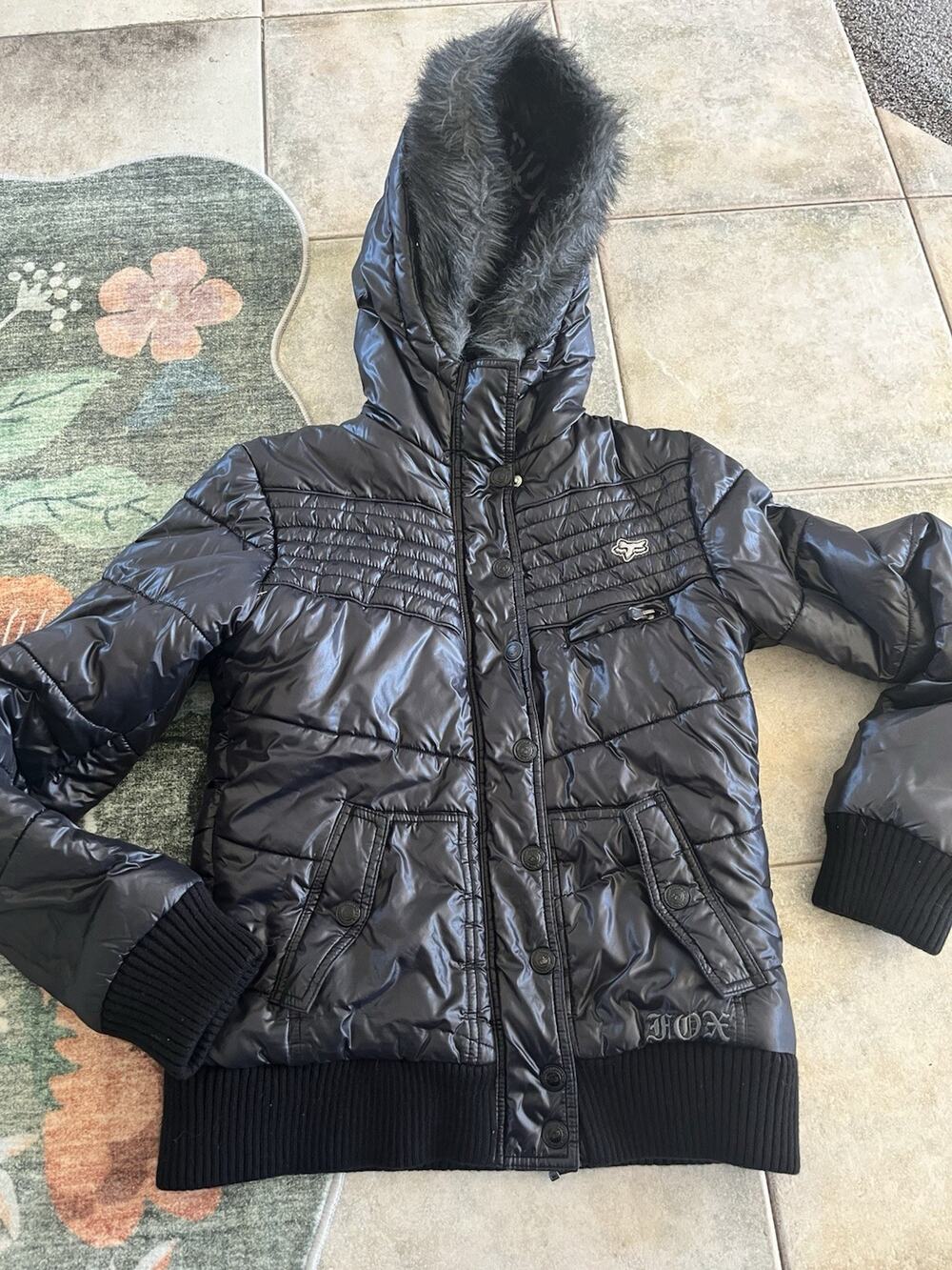 FOX Racing Girls Large Puffer Jacket Full Zip Black Winter Coat Fur Hooded